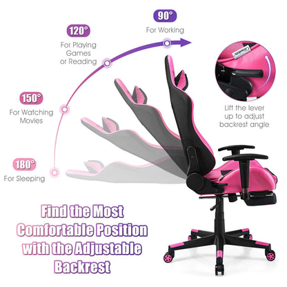 Giantex Massage Gaming Chair Pink, Ergonomic Video Game Chair with Footrest, High Back E-Sport Computer Chair with Headrest & Massager Lumbar Support, PU Leather Gaming Seat