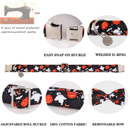 DOGWONG Halloween Black Ghost Dog Collar with Removable Cute Bow Tie Adjustable Pet Collars, Soft Comfy Halloween Themed Pet Collar, Fall Dog Collar for Small Medium Large Dogs