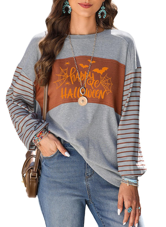 Dokotoo Halloween Spooky Season Womens Tops 2024 Summer Fall Striped Crewneck T-Shirts Long Sleeve Women's Blouses Tops for Women