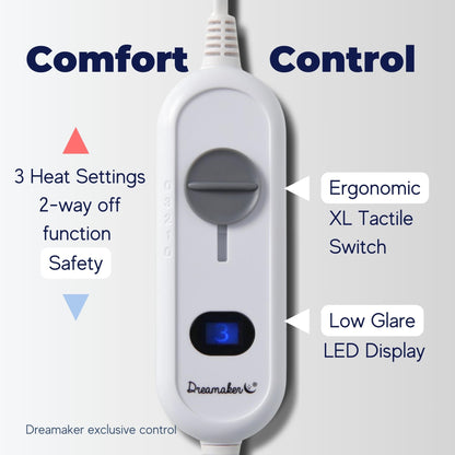 Dreamaker Dual Control Washable Fitted Electric Blanket 3 Heat Setting Safety Overheat Protection Machine Washable Underblanket White Queen