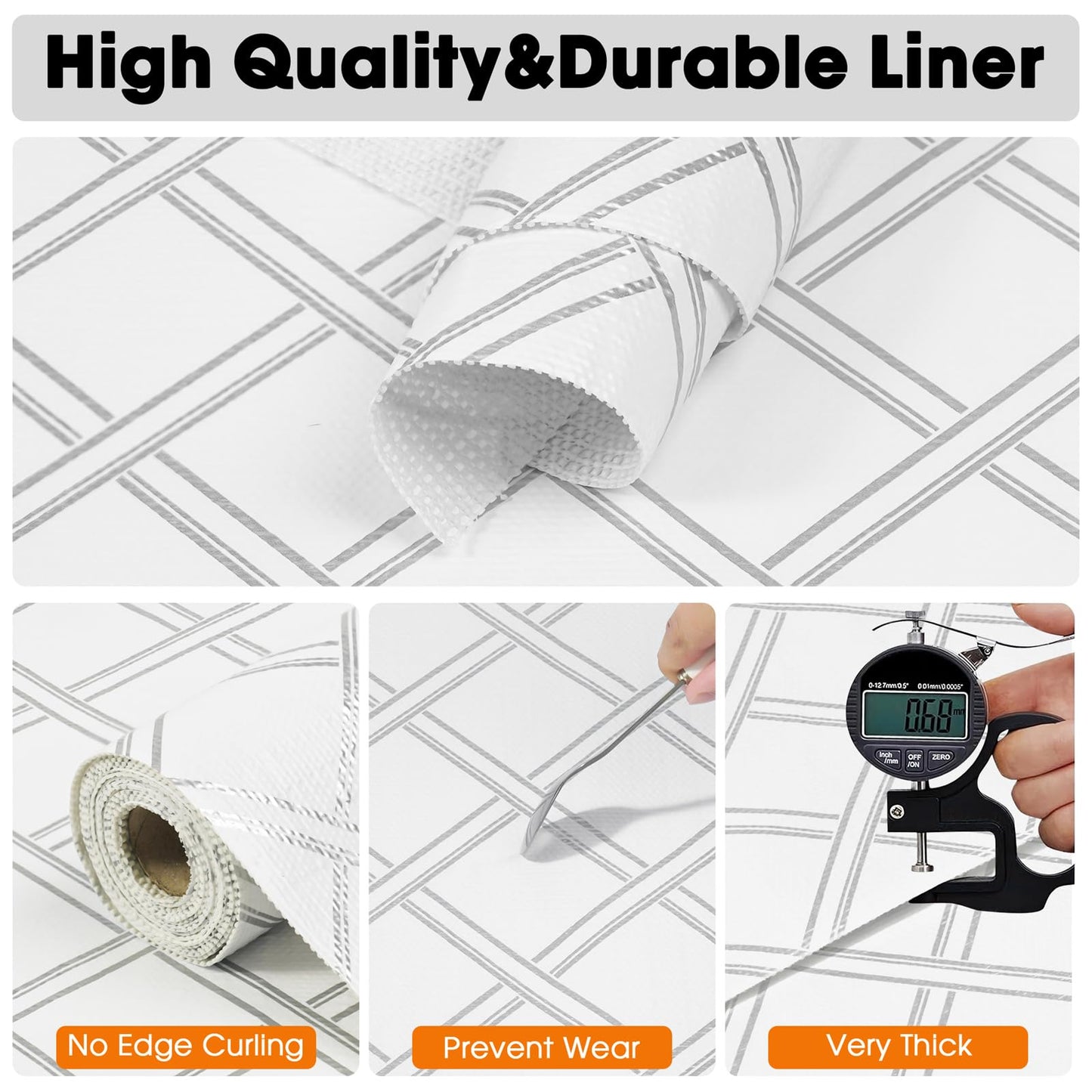 Drawer and Shelf Liner for Kitchen Cabinets Non-Adhesive Cabinet Liners for Shelves Strong Grip Non Slip Waterproof Cupboard Liner for Dresser Refrigerator, Bathroom,Silver Geometric,17.5IN X 10FT