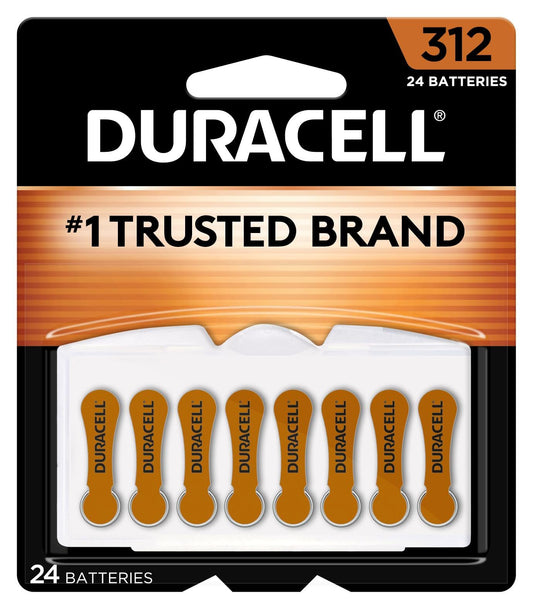 Duracell Hearing Aid Batteries Brown Size 312, 24 Count Pack, 312A Size Hearing Aid Battery with Long-lasting Power, Extra-Long EasyTab Install for Hearing Aid Devices