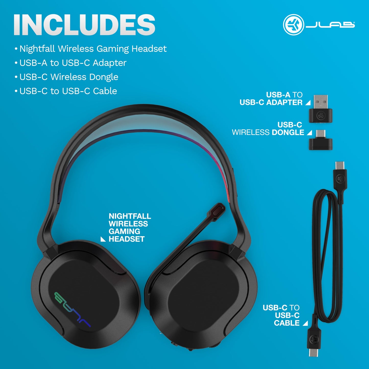 JLab Nightfall Wireless Gaming Headset, All-Night Comfort, 50mm Drivers and Sound Isolating Inner Shelf, Flip-to-Mute Rotating Mic, Dual Wireless Connections, Customization Options with The Lab App