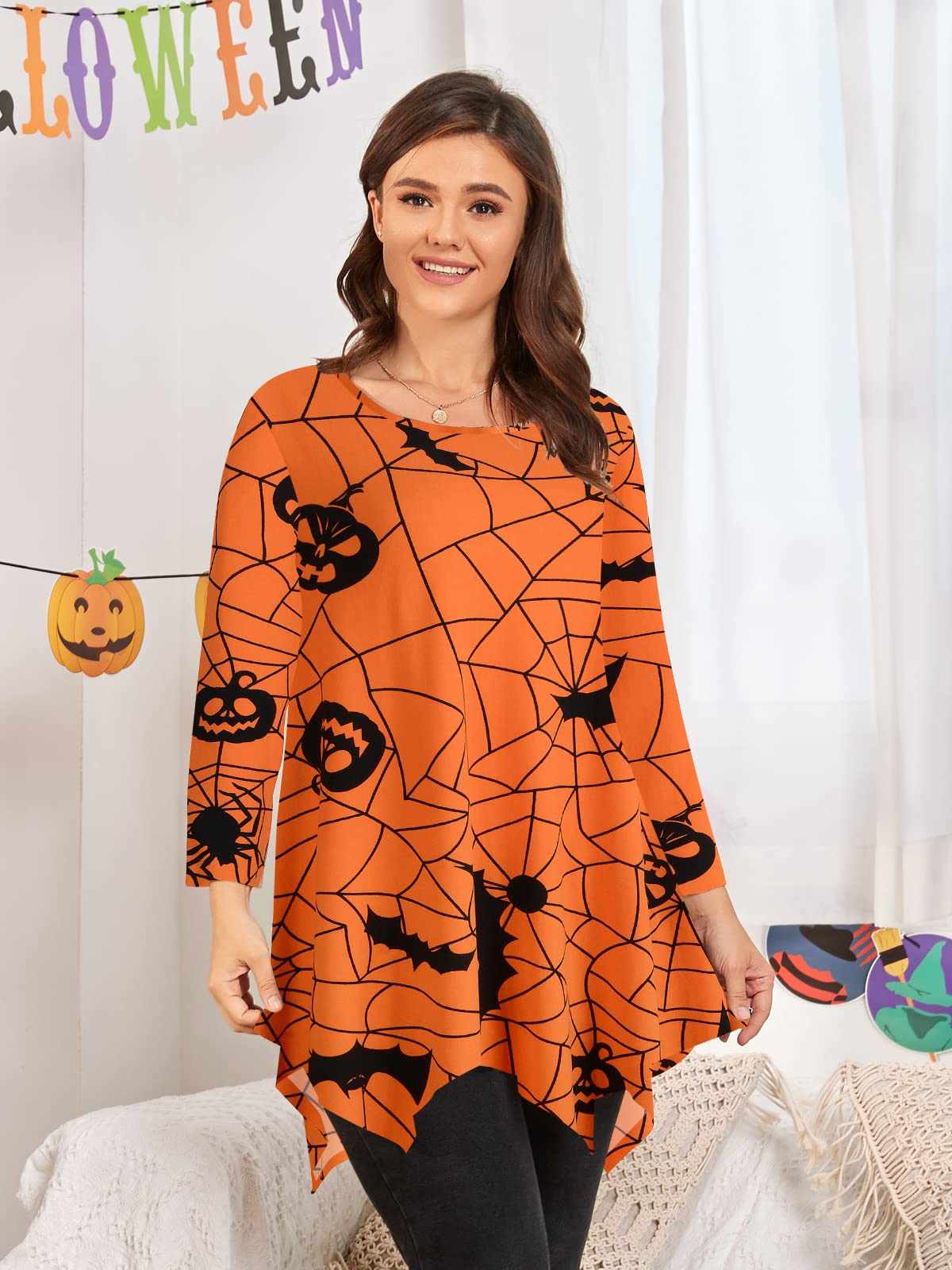LARACE 3/4 Sleeve Plus Size Tops Halloween Shirts For Womens Pumpkin Tunic Asymmetrical Loose Clothes(Flower58 3X)