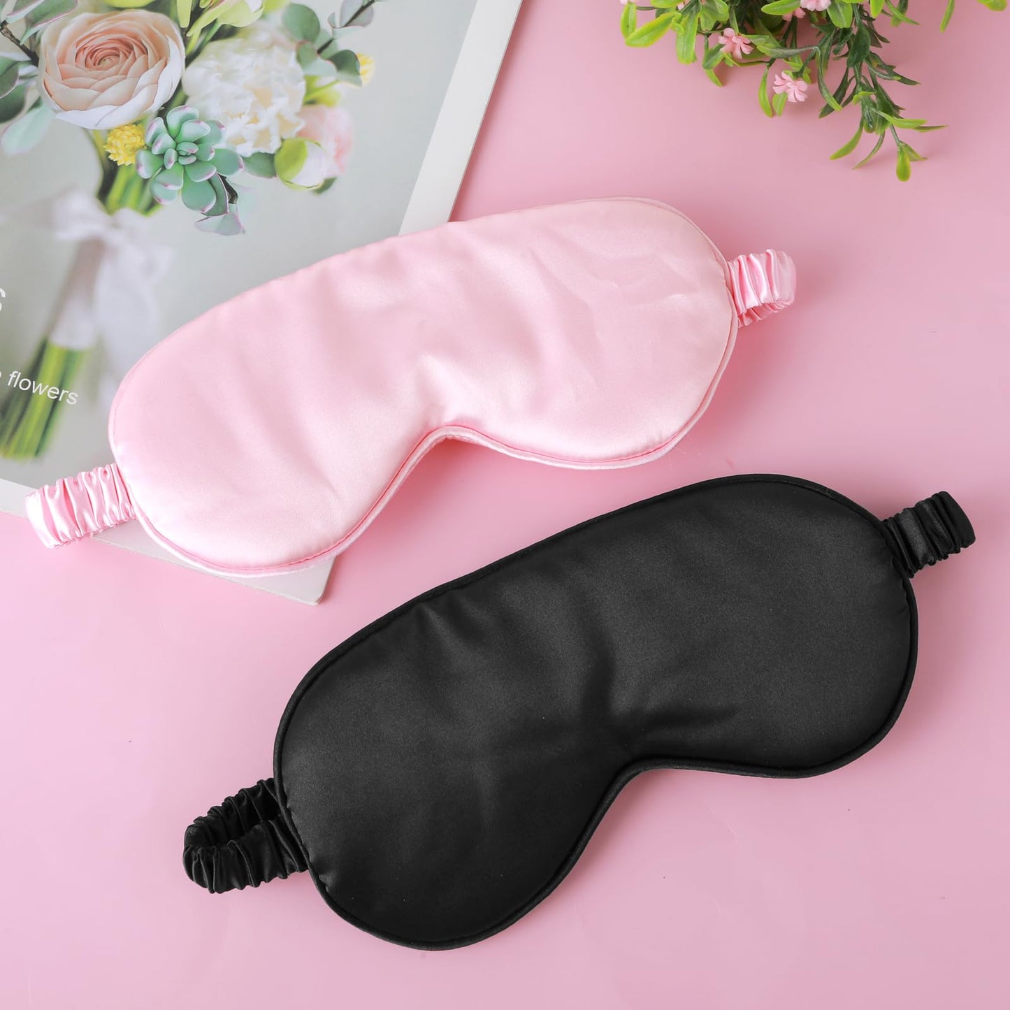 2 Pack Sleep Mask Silk Eye Mask Cover for Sleeping, Soft Satin Blindfold with Elastic Strap, Comfortable Night Sleeping Mask for Women Men (Black, Pink)