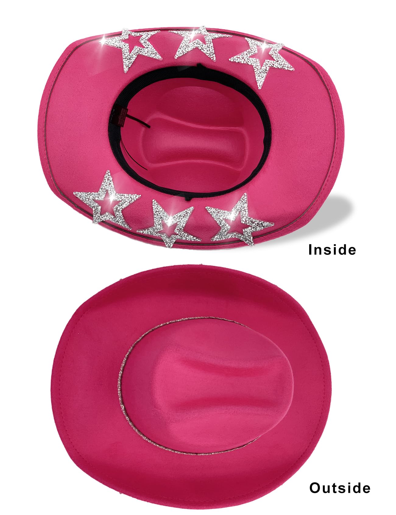 JICASTO Cowboy Hat for Women Men 6 Sparkly Stars Brim & Rhinestone Belt Western Cowgirl Hat with Sunglasses Bandanas (US, Alpha, One Size, Hot Pink)