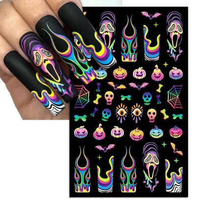 IDDFEVE Halloween Nail Art Stickers, Gradient Pumpkin, Horror Mask Nail Decals, 3D Self-Adhesive Spider-Web Bat Design for DIY Nail Supplies Decoration (5 Sheets)