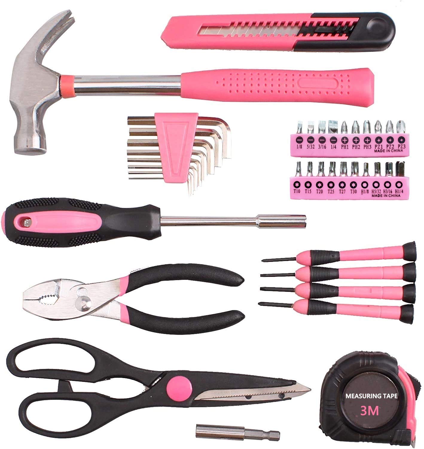 39-Piece General Tool Set-Essential Household Hand Tool Kit with Portable Toolbox Storage Case（Pink）