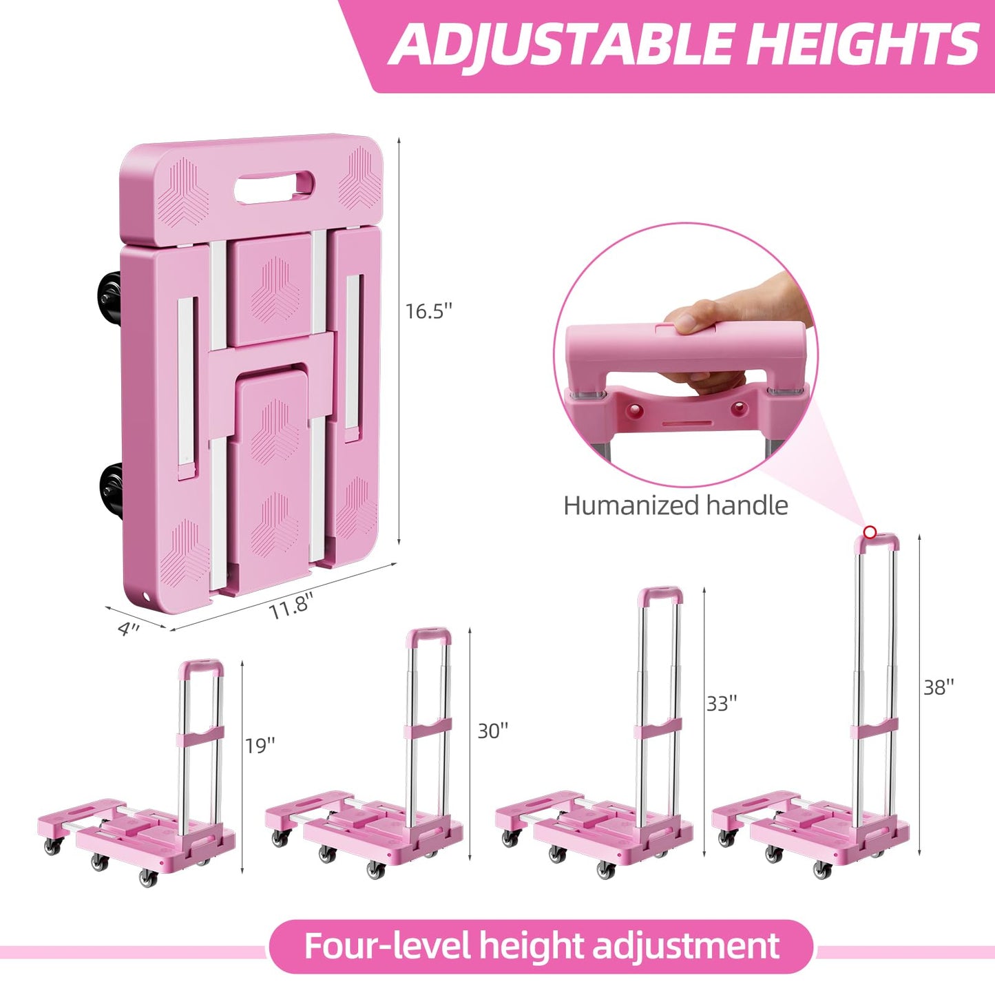 Folding Hand Truck, Foldable Cart for 500 lbs Heavy Luggage, Hand Truck Dolly, 6-Wheel Foldable Dolly with 2 Ropes, Ideal for Home, Office, and Travel Moving (Pink)