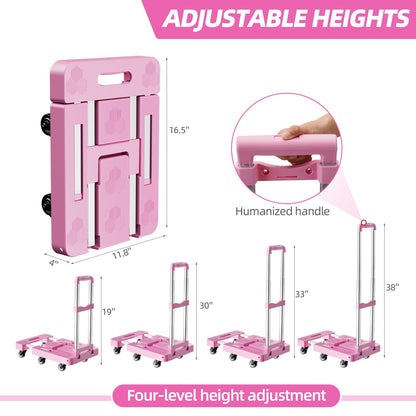 Folding Hand Truck, Foldable Cart for 500 lbs Heavy Luggage, Hand Truck Dolly, 6-Wheel Foldable Dolly with 2 Ropes, Ideal for Home, Office, and Travel Moving (Pink)