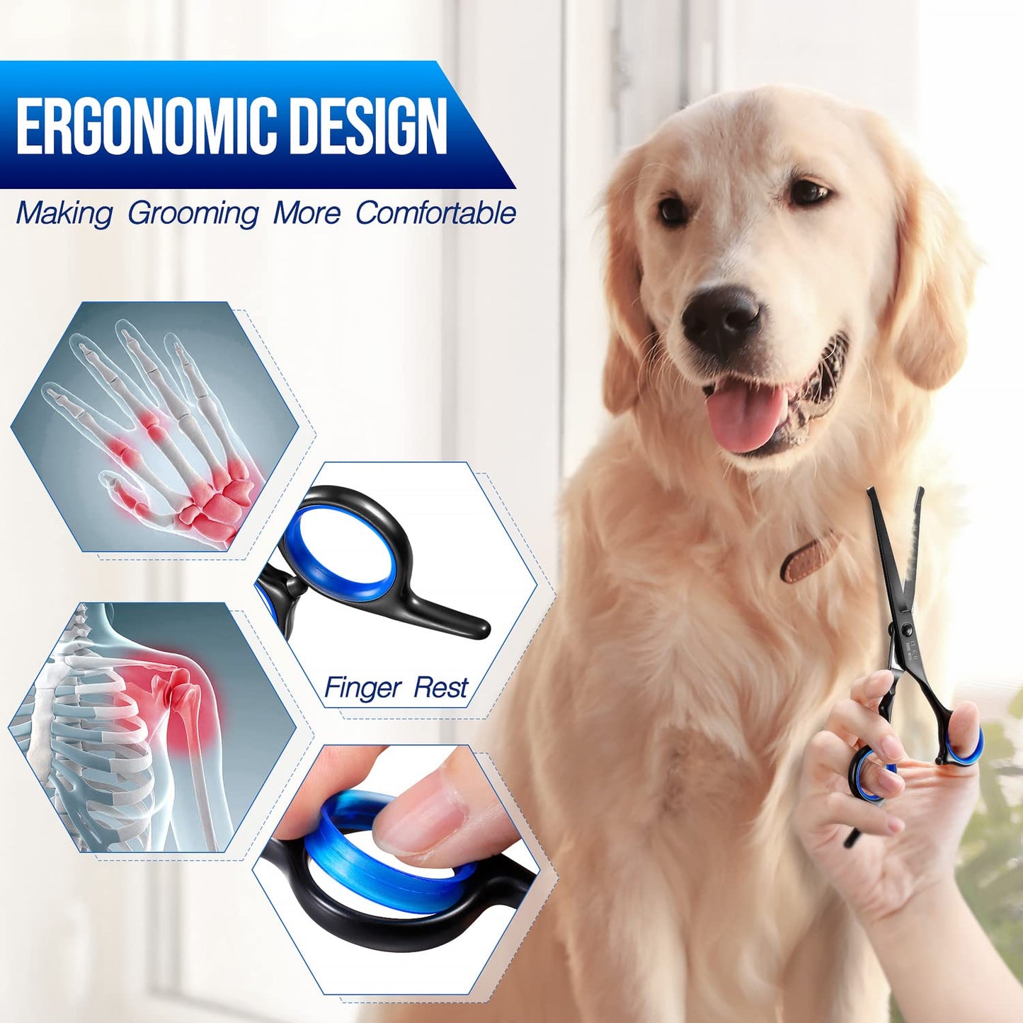 Gimars Dog Grooming Scissors Kit Professional 4CR with Safety Round Tip, 5 in 1 Heavy Duty Titanium Coated Thinning & Curved & Straight Shears