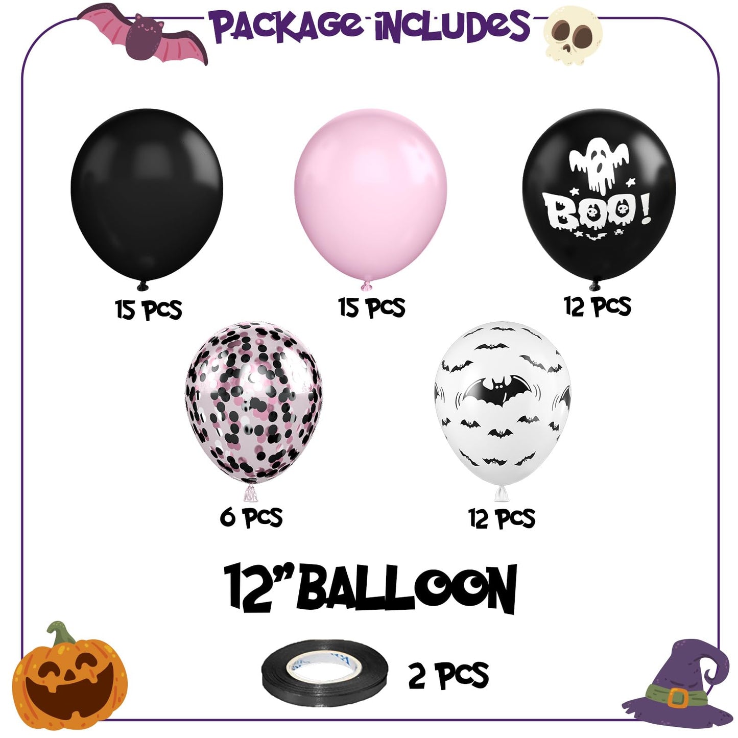 FunHot Halloween Party Balloons, 60Pcs Pink Black Halloween Balloon, 12 Inch Black Pink Confetti Balloons Bat Ghost BOO Printed Pattern Balloon with Ribbons for Kids Birthday Halloweens Decoration