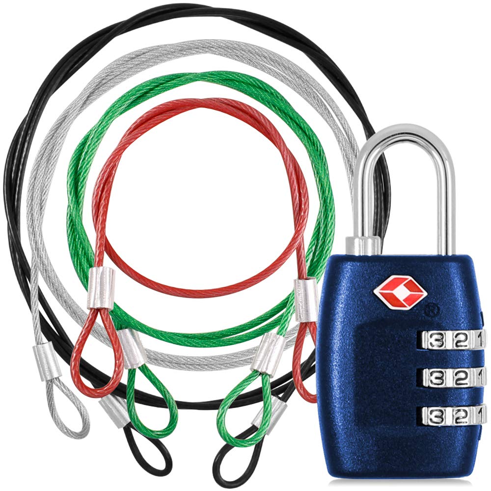DanziX TSA Approved Lock and 4 Colors Stainless Steel Safety Tether，3-Dial Combination Travel Luggage Lock with Lanyard Security Cable for Protect Your Different Sizes of Suitcase,Baggage-Deep Blue