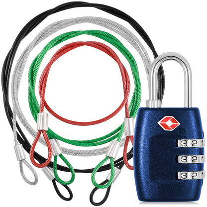 DanziX TSA Approved Lock and 4 Colors Stainless Steel Safety Tether，3-Dial Combination Travel Luggage Lock with Lanyard Security Cable for Protect Your Different Sizes of Suitcase,Baggage-Deep Blue