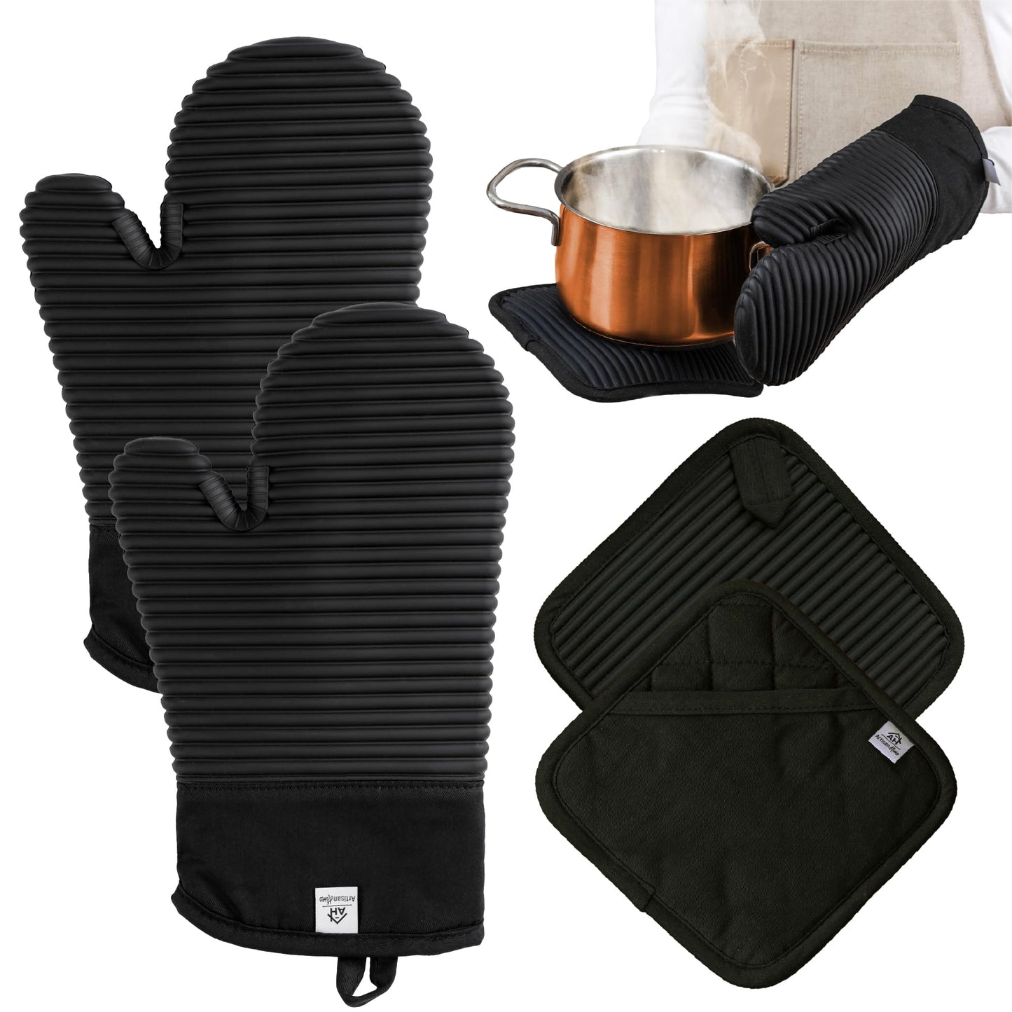 Extra Long Silicone Oven Mitts & Potholders Set - Heat Resistant 500°F Kitchen Gloves with Pot Holders, BPA-Free Waterproof Baking Mitts, Non-Slip Grip, 4-Piece Set, Black