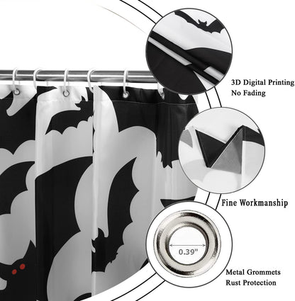 GCIREC Halloween Shower Curtain, Halloween Theme Black and White Bat Bathroom Curtain Halloween Party Decor Waterproof Fabric Machine Washable with 12 Hooks