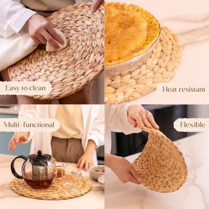 10 Pack, Round Woven Placemats, Natural Water Hyacinth Place mats, Braided Straw Table Mats for Dining Table, Christmas Placemats (13.8 inch)