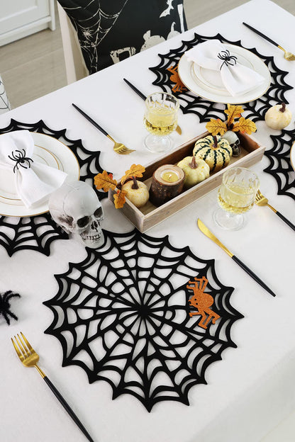 Feuille Round Halloween Placemats Set of 4 13.5 Inch Black Spider Web Placemats with Orange Glitter Felt Spider Placemats Perfect for Halloween Decorations Indoor