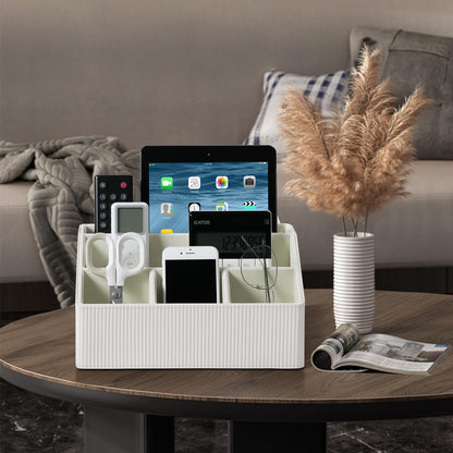 Cretkhp Remote Control Holder with 5 Compartments for Office Art Supplies, PU Leather Nightstand Organizer Pencil Pen Desk Caddy for Home, Desktop TV Remote Control Organizer Storage (Striped Ivory)