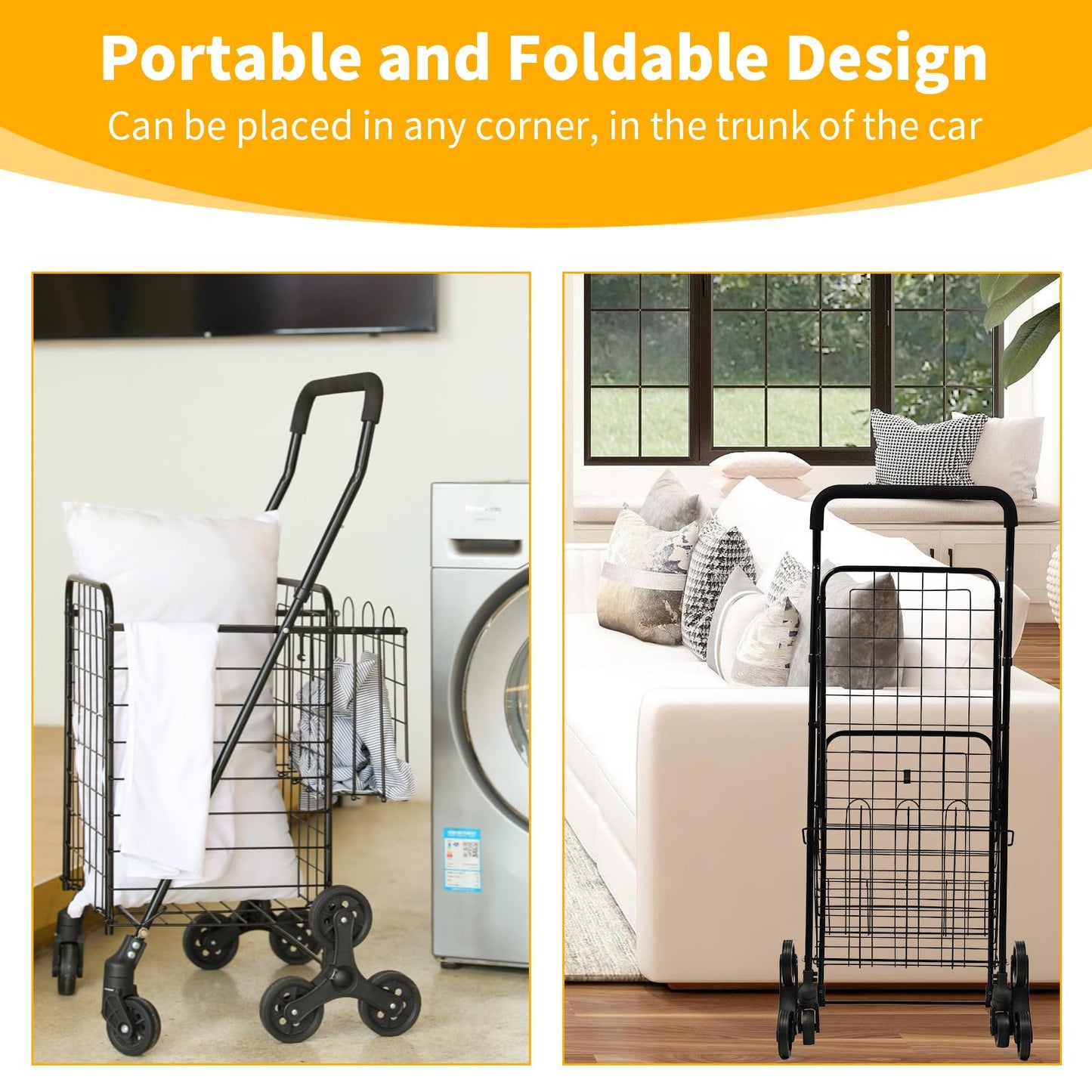 Kiffler Grocery Shopping Cart with 360° Rolling Swivel Wheels Stair Climber Utility Cart Easily Collapsible Cart with Tri-Wheels, 66lb Extended Foam Cover, Trolley for Stair, Laundry, Travel (Black)