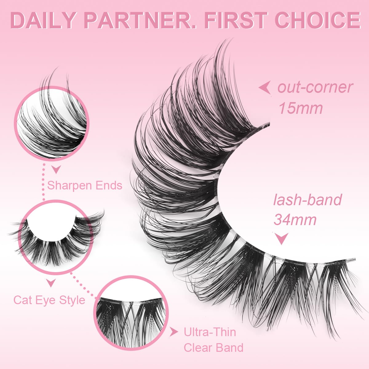 False Eyelashes Clear Band Natural Lashes Wispy Cat Eye 15mm Russian D-Curl Lashes Extension Strip Eyelashes Pack by Kiromiro