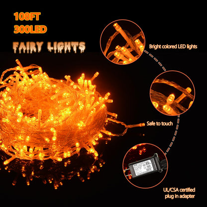 ILLUMINEW 300 Led Orange String Lights Outdoor Halloween Decorations, 108 Ft Thanksgiving Decor Lights 8 Modes Fairy Lights for Bedroom Yard Room Decor