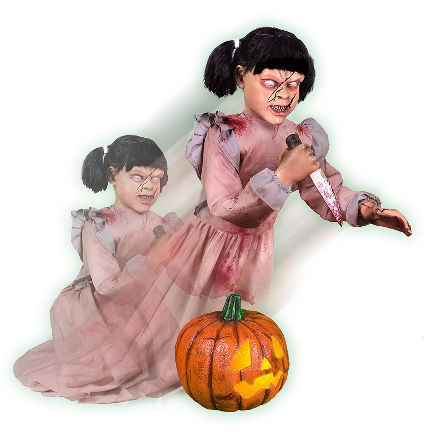 Haunted Hill Farm Lunging Pumpkin Carver Zombie Girl by Tekky, Motion-Activated Talking Halloween Animatronic for Indoor or Covered Outdoor Creepy Halloween Decorations, Plug-in or Battery Operated