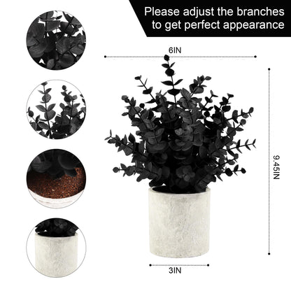2 Pack Black Fake Eucalyptus Small Fake Plants Potted Artificial Plants for Halloween Decorations Shelf Desk Home Farmhouse Room Coffee Table Bathroom Decor(Black)