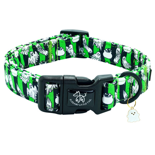 Elegant little tail Halloween Dog Collar, Ghosts Print Fall Male Cute Puppy Adjustable Cotton Pet Collar with Quick Release Buckle for Small Medium Large Dogs