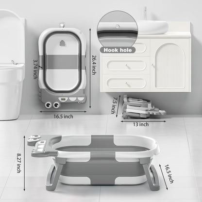 Collapsible Baby Bathtub for Newborn, Foldable Baby Bath Tub with Thermometer & Soft Floating Cushion & Drain Hole, Portable Travel Infant Bath Tubs for Newborns to Toddlers 0-36 Months Boys, Grey