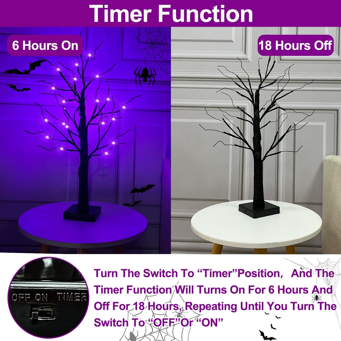 2 Pack 24 Inch Purple Lighted Halloween Birches Tree Decor with Timer Total 48 LED Battery Operated Tabletop Artificial Black Spooky Tree Halloween Decorations for Indoor Home Holiday Party
