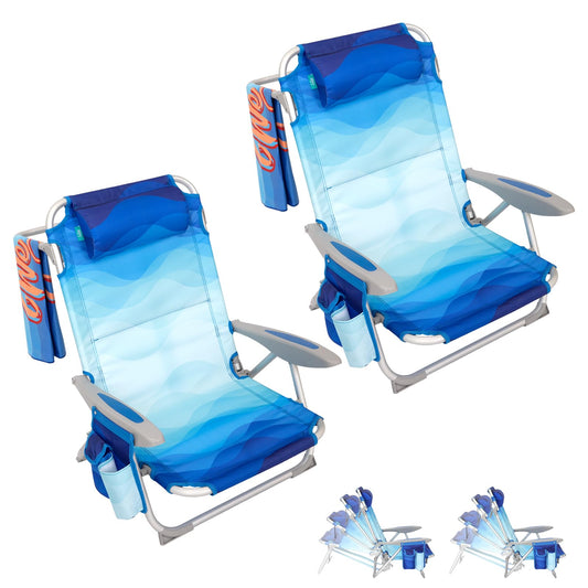 #WEJOY Lightweight Low 2 Pack Beach Chair for Adults, 4-Position Aluminum Folding Camping Chairs with Shoulder Strap, Cup Holder and Padded Headrest, Supports 265lbs for Lawn Outdoor Blue Pattern