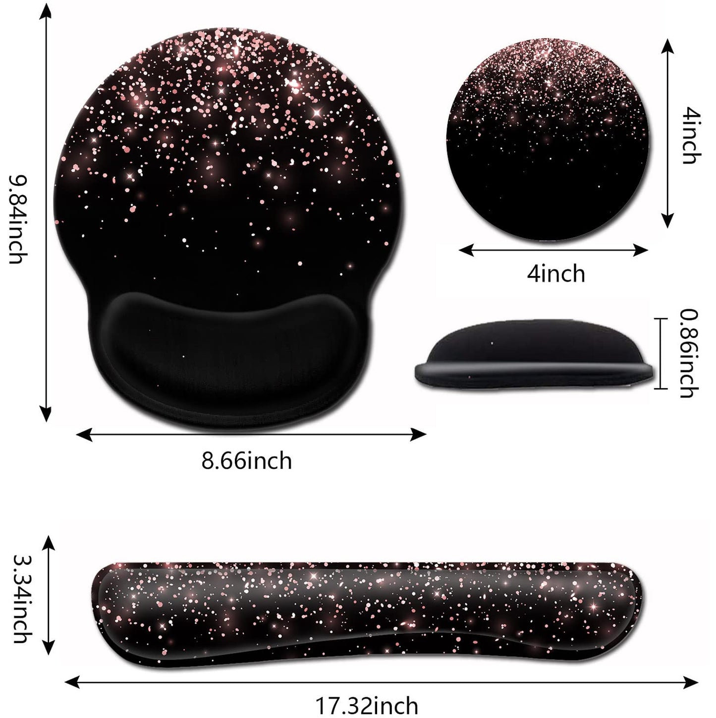 Ergonomic Gel Mouse Pad with Wrist Support - Soft Memory Foam Keyboard Rest, Dirt-Resistant, Suitable for Office Typing & Gaming, Rose Gold Glitter Pattern