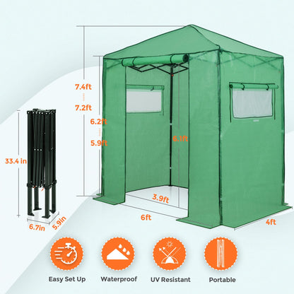 EAGLE PEAK 6x4 Portable Walk-in Greenhouse, Pop-up Indoor Outdoor Garden Green House, Zippered Door and Windows, PE Cover, Green