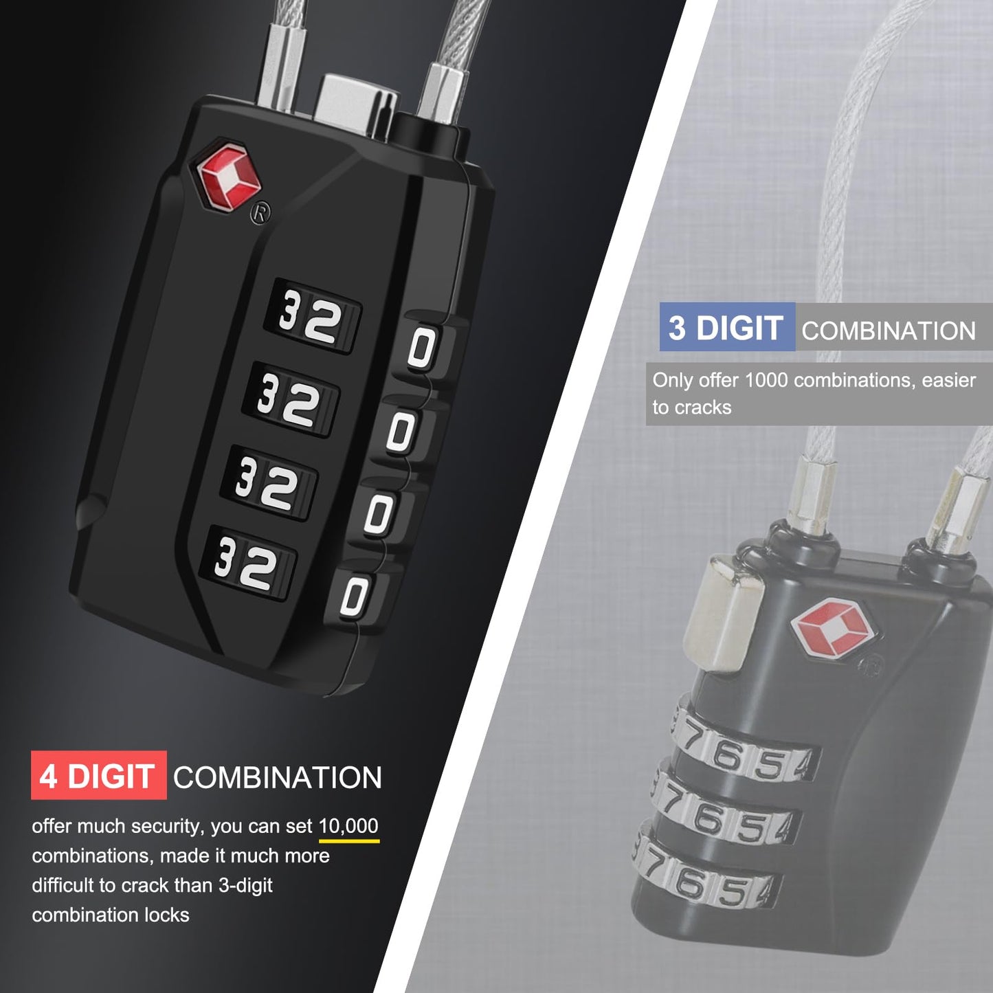 Diyife TSA Luggage Locks, [Upgrade Version][2 Pack] TSA Approved Suitcase Lock 4-Digit Re-settable Combination Lock, Cable Backpack Locks, Code Lock for Travel Suitcase Luggage Bag Lockers (Black)