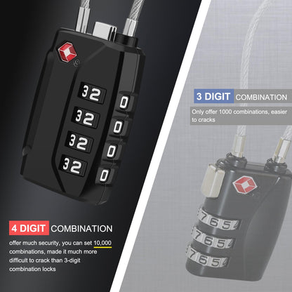 Diyife TSA Luggage Locks, [Upgrade Version][2 Pack] TSA Approved Suitcase Lock 4-Digit Re-settable Combination Lock, Cable Backpack Locks, Code Lock for Travel Suitcase Luggage Bag Lockers (Black)