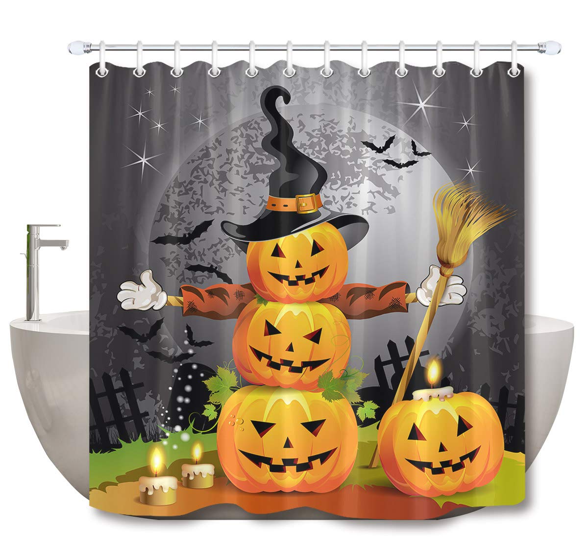 LB Halloween Pumpkins Shower Curtain Set Magic Hat Ghost Broom Bathroom Curtain Party Decor,Bath Curtain Hooks Include,72x72 inch Waterproof Polyester Fabric