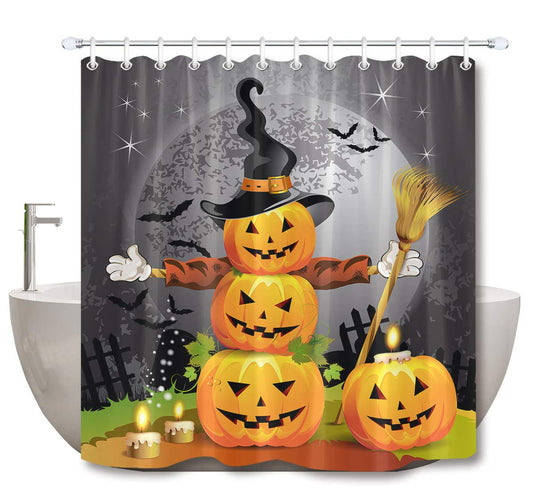 LB Halloween Pumpkins Shower Curtain Set Magic Hat Ghost Broom Bathroom Curtain Party Decor,Bath Curtain Hooks Include,72x72 inch Waterproof Polyester Fabric