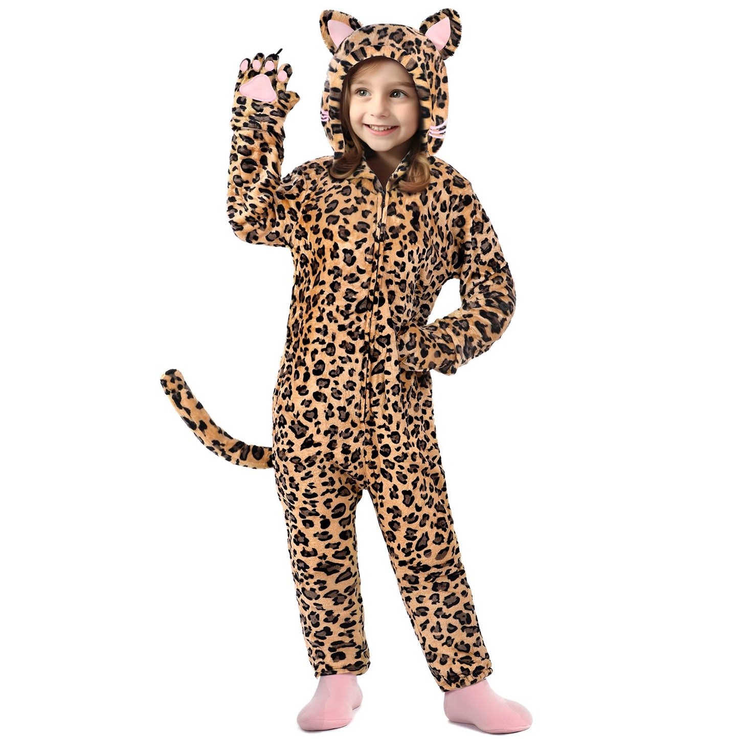 GIFTINBOX Leopard Costume Kids, Zip-Up Hooded Onesie Girls, Cat Costume for Girls Dress Up, Halloween Animal Costumes for Kids 5 6 7 8 9 10 11