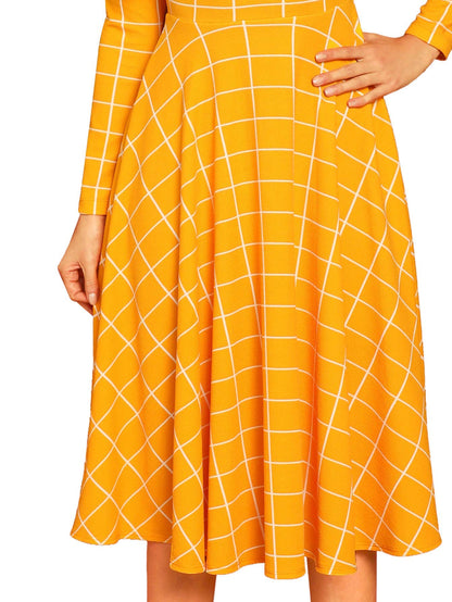 Floerns Women's Fit and Flare Plaid High Neck Long Sleeve Midi Dress Yellow Plaid L
