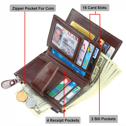 Lavemi Small Compact Women Wallet RFID Blocking Genuine Leather Bifold Purse with ID Windows(Coffee)