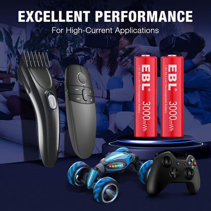 EBL AA Lithium Batteries, 1.5V 3000mWh Rechargeable AA Batteries Long Lasting Double A Battery 8 Pack(Only Compatible 1.5V Devices)