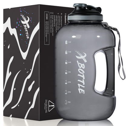 1 Gallon BPA Free Dishwasher Safe 128oz Large Water Bottle with Motivational Time Marker and Handle - Leak-proof Big Black Water Jug for Camping, Sports, Workouts (Chug Lid)