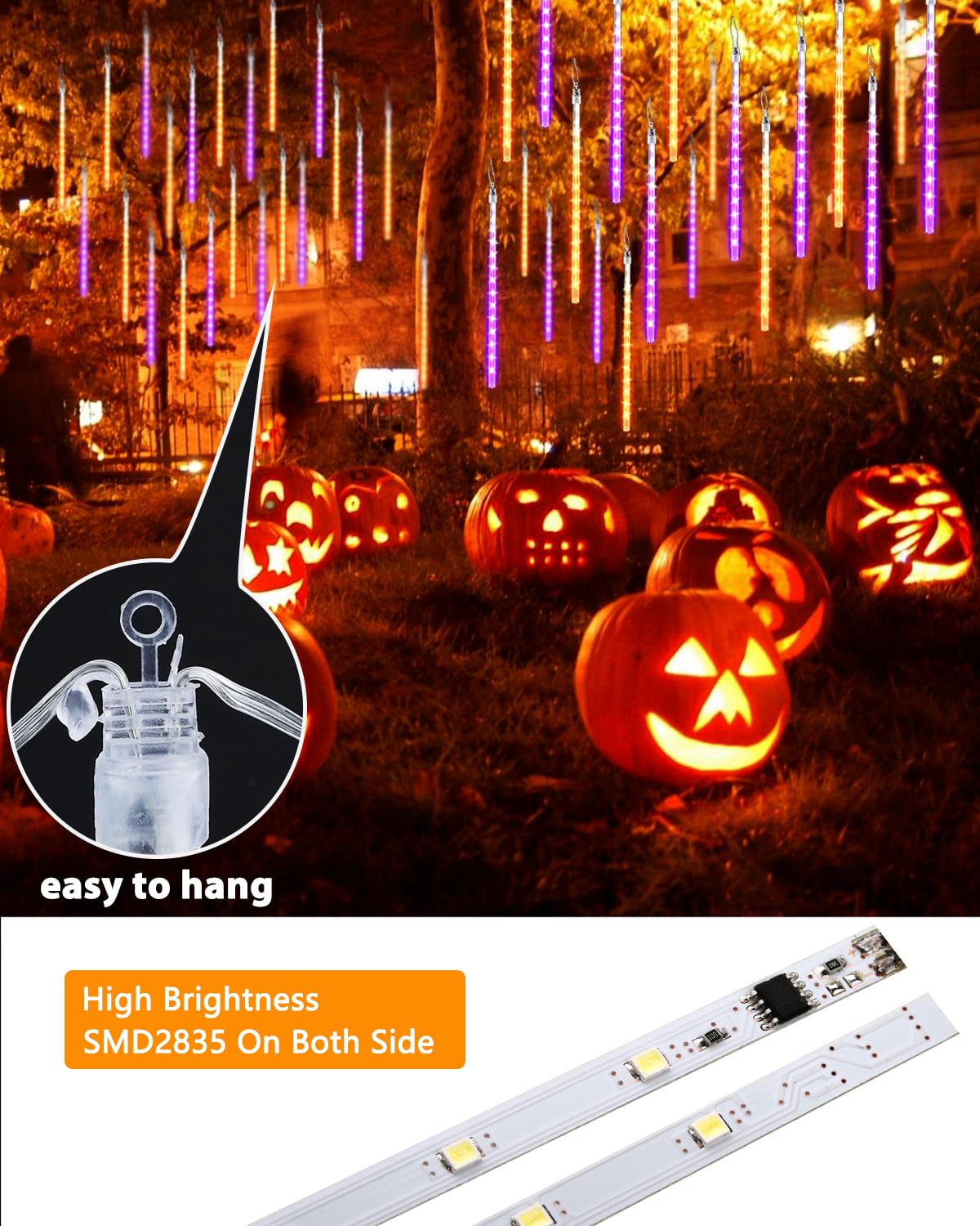 Halloween Lights Outdoor 20 Tubes 480 LED Raindrop Meteor Shower Icicle Lights with Timer Function Cascading Light Falling Rain Light for Halloween Orange Purple