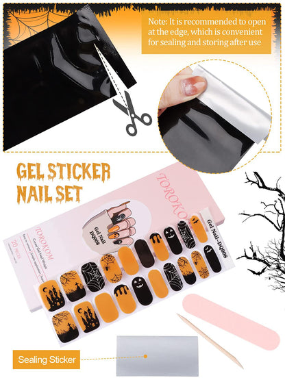 Halloween Cured Gel Nail Polish Strips, TOROKOM 20 Stickers Halloween Gel Nail Polish Stickers Full Wraps Nail Art Stickers Bat Spider Net Face Gel Stickers with Nail File and Stick