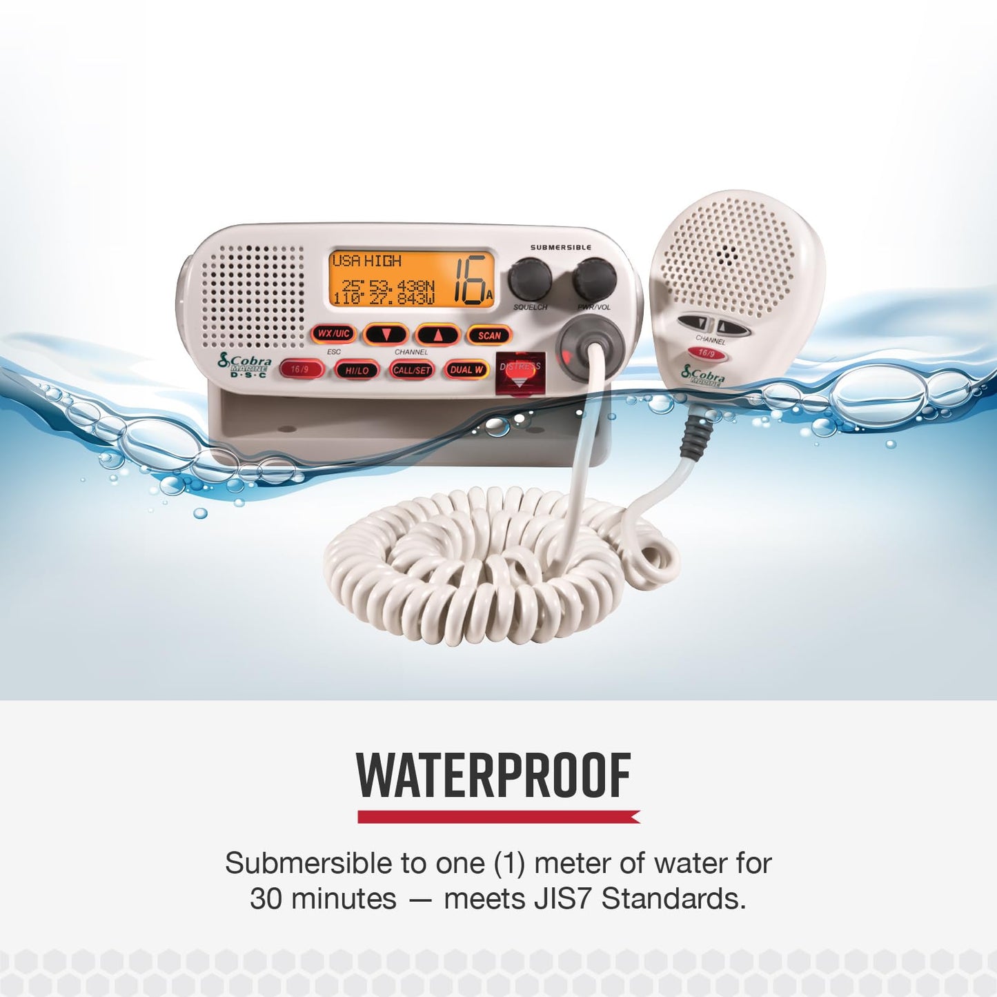 Cobra MR F45-D Fixed Mount VHF Marine Radio – 25 Watt VHF, Submersible, LCD Display, Noise Cancelling Microphone, NOAA Weather Channels, Signal Strength Meter, Scan Channels, White