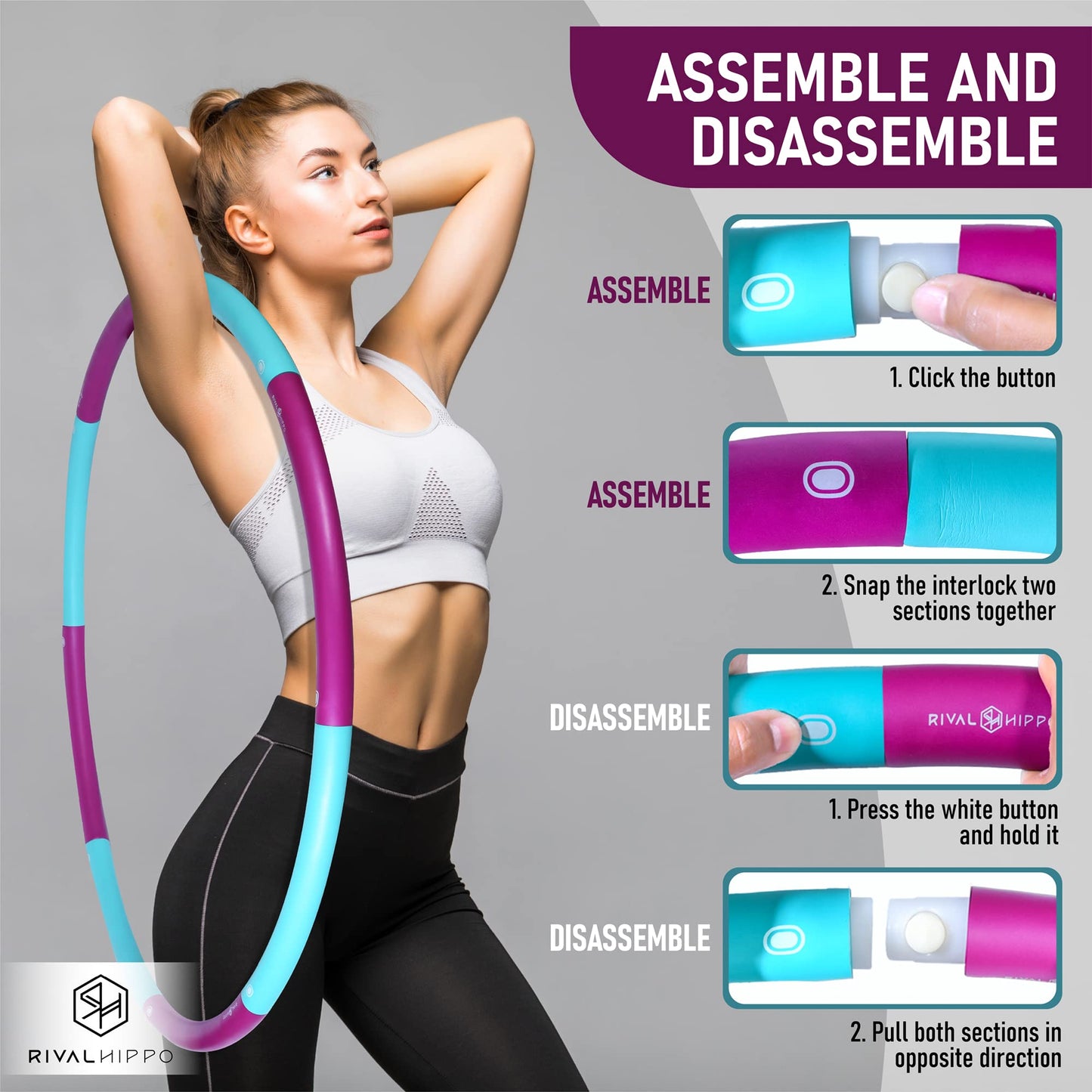 Detachable and Adjustable Weighted Hula Hoop for Adult with 8 Push-to-Connect Sections and Soft Thick Foam Padding for Weight Loss Exercise with Matching Carrying Bag (Up to 3.04 Pounds, 36 Inches)