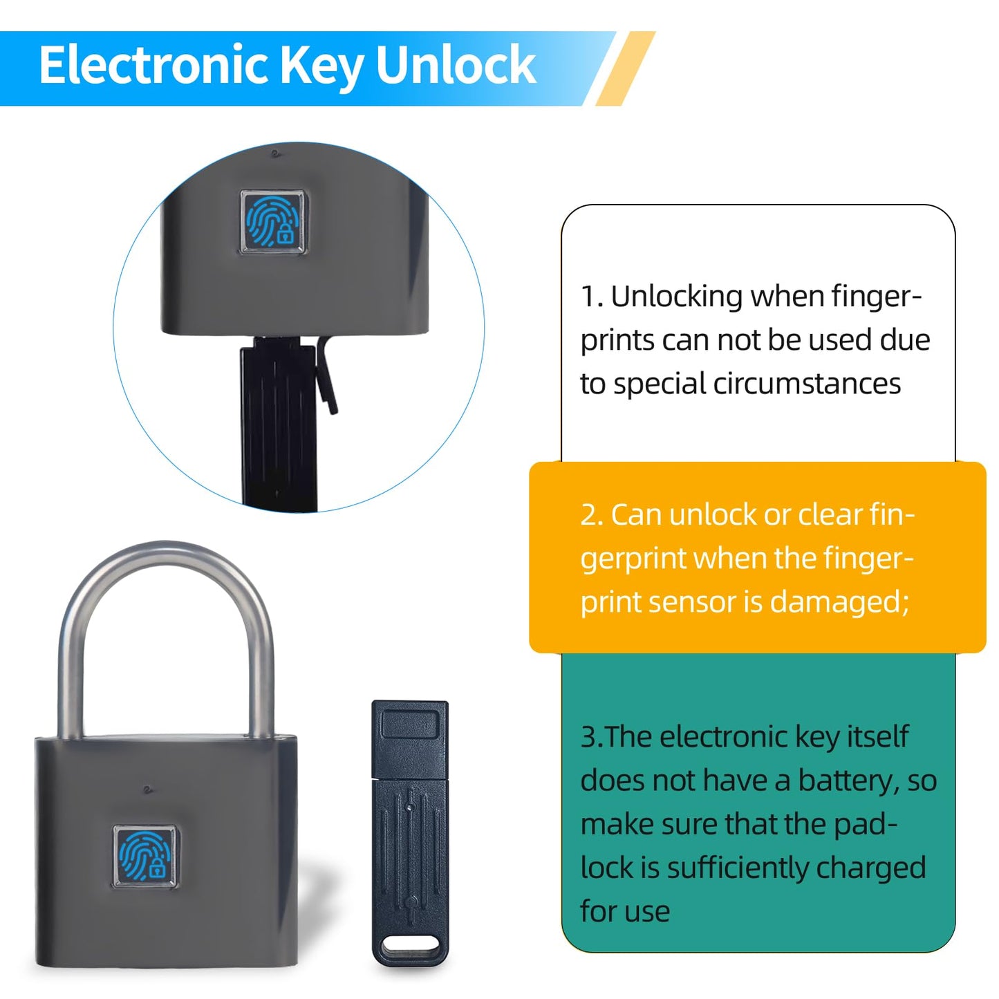 KENRONE Keyless Portable USB Charging Fingerprint Lock,Smart Padlock Quick Unlock Waterproof and Rustproof,Smart Lock for Warehouses, Gym, Schools, Homes, Office Cabinets (Black)