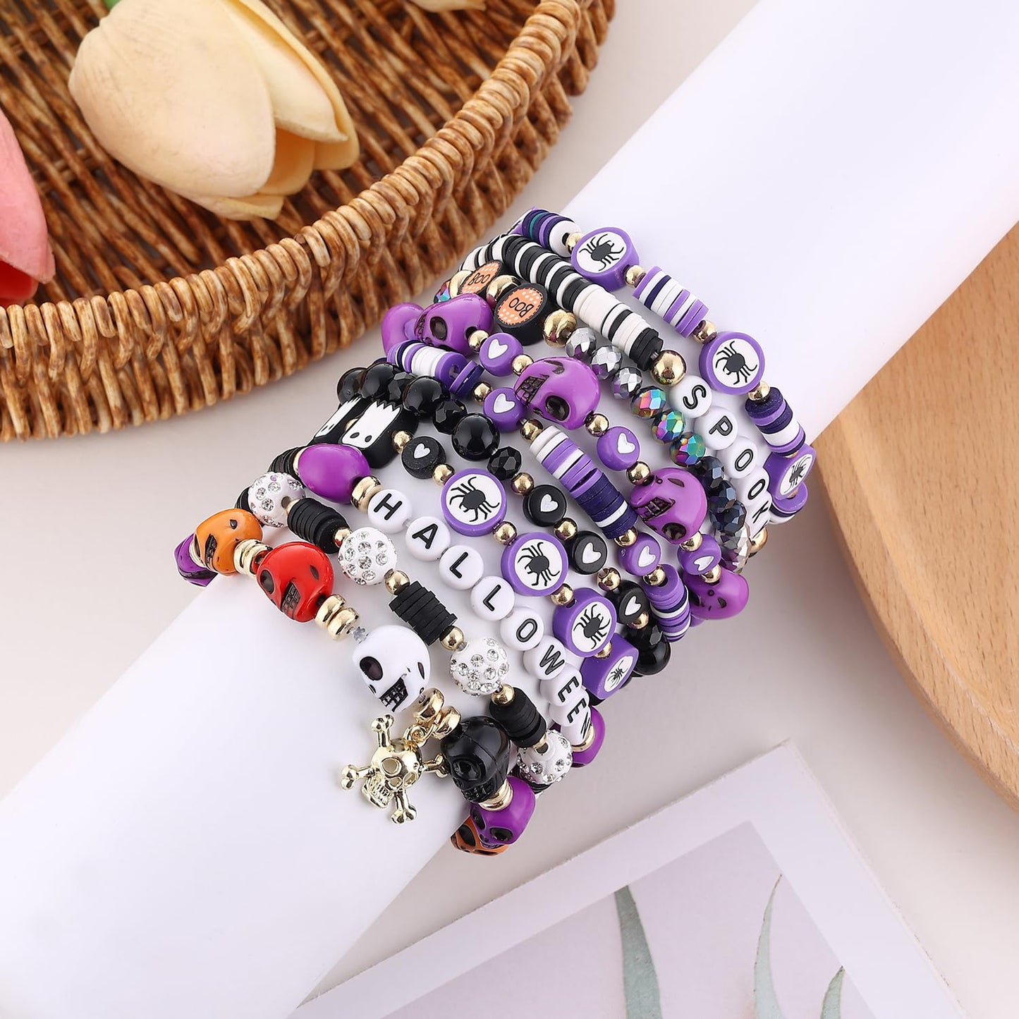 Cooluckday 10 Pcs Stackable Bracelet Set - Halloween Bracelets with Pumpkin, Spider, Ghost Charms - Stretch Bracelets for Women - BOO Happy