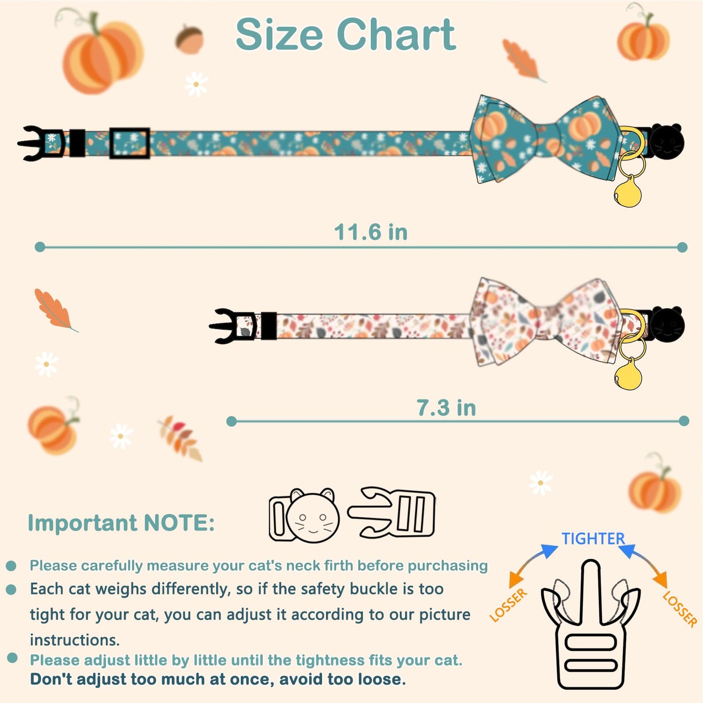 2 Pack Cotton Fall Cats Collar with Bow Tie Orange Green Cat Collars for Girl Female Boy Male Cat Collar with Bell Halloween Collars for Cats